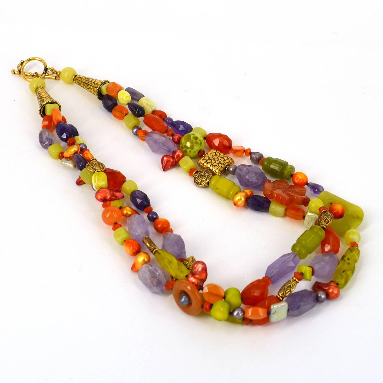 Women's Amethyst Carnelian Jade Coral Freshwater Pearl Agate Three Strand Necklace