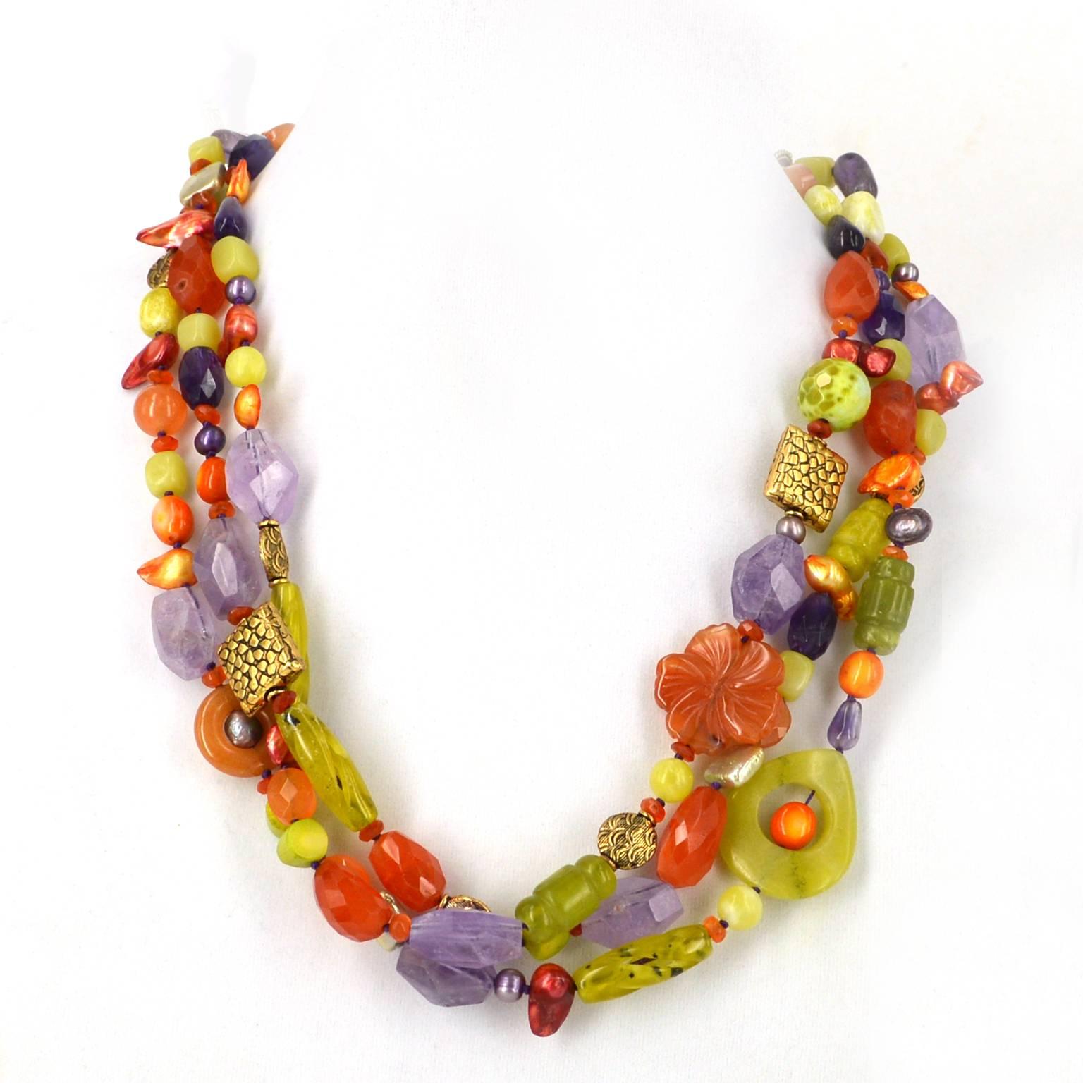 Amethyst Carnelian Jade Coral Freshwater Pearl Agate Three Strand Necklace In New Condition In Sydney, AU