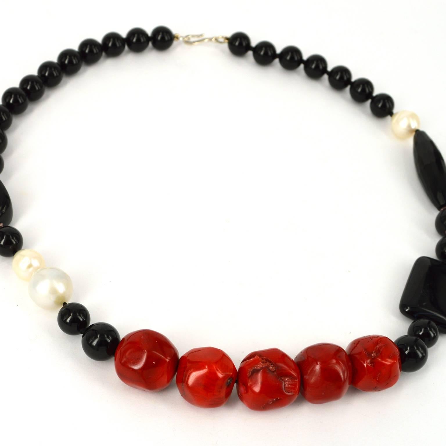 Black Onyx, Agate, Red Bamboo Coral and Freshwater Pearl Necklace 1