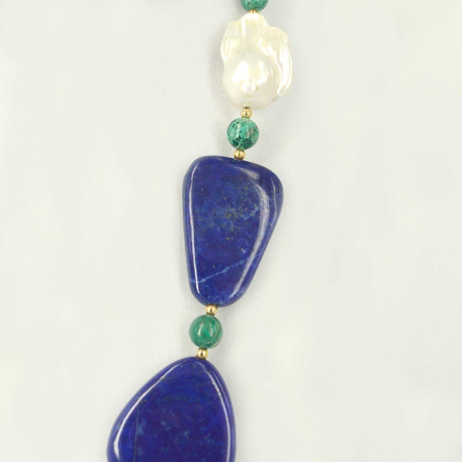 Modern Chrysocolla Freshwater Baroque Pearl Lapis Lazuli Necklace