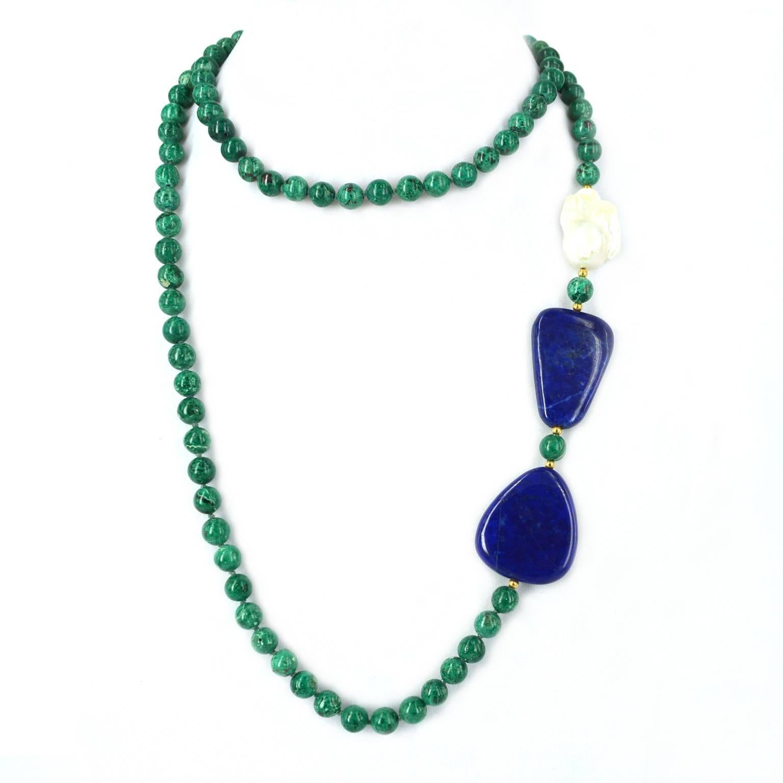 Chrysocolla Freshwater Baroque Pearl Lapis Lazuli Necklace In New Condition In Sydney, AU