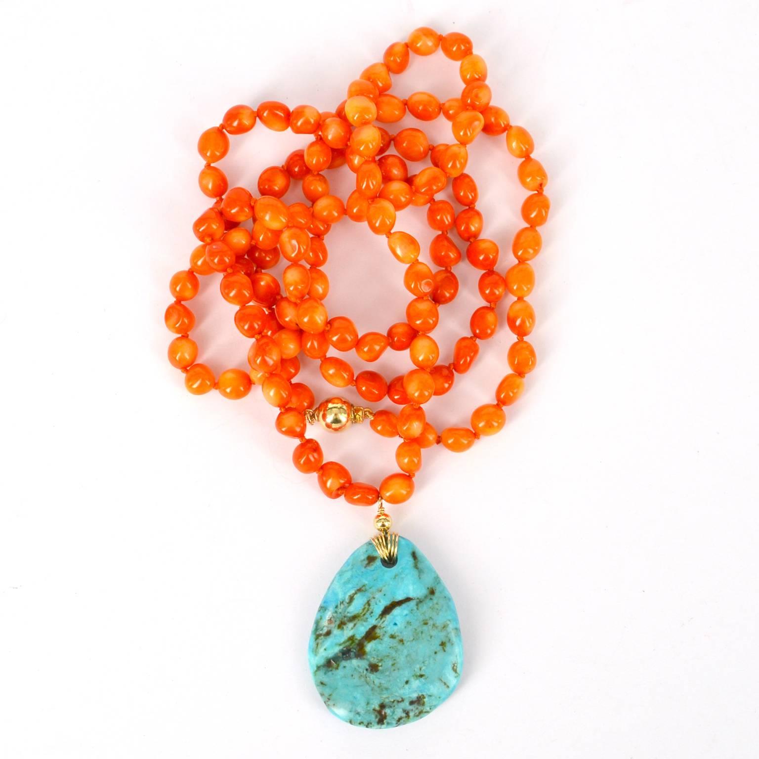 Modern Decadent Jewels Coral and Turquoise Gold Sautoir Necklace