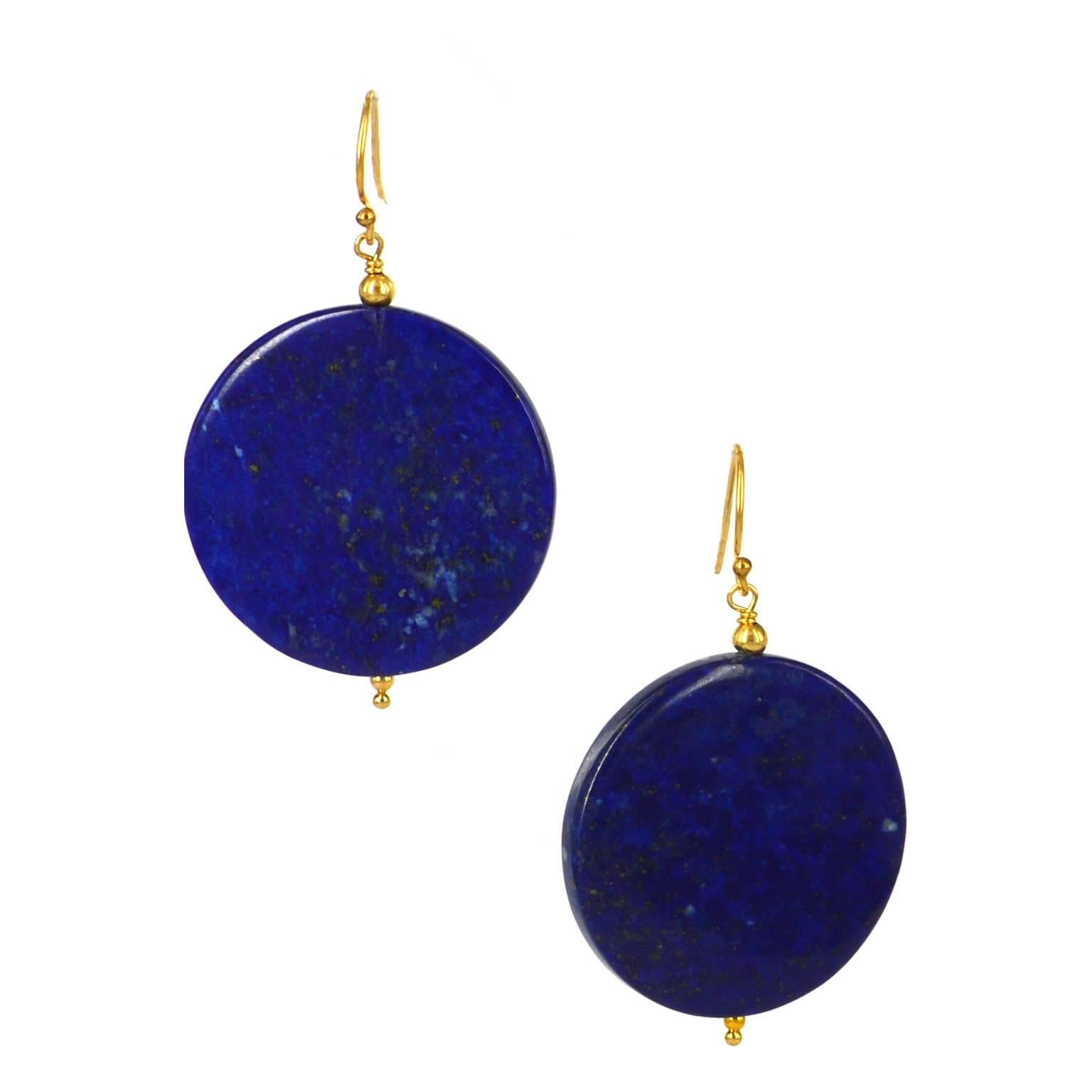 Natural polished Lapis Lazuli disk earrings with 14k gold filled sheppard hooks.
30mm disk
