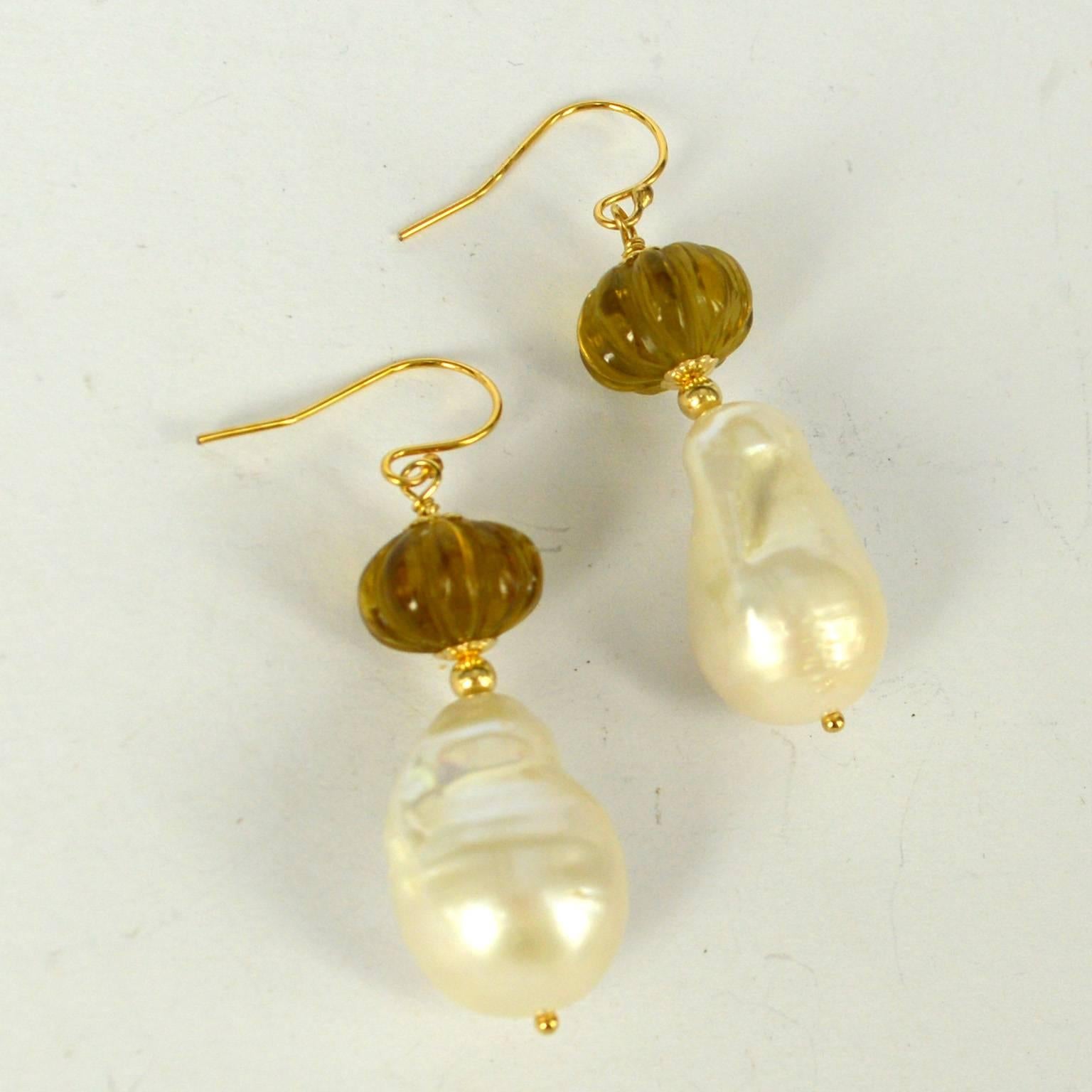 Artisan Decadent Jewels Carved Beer Quartz Baroque Pearl Gold Earrings