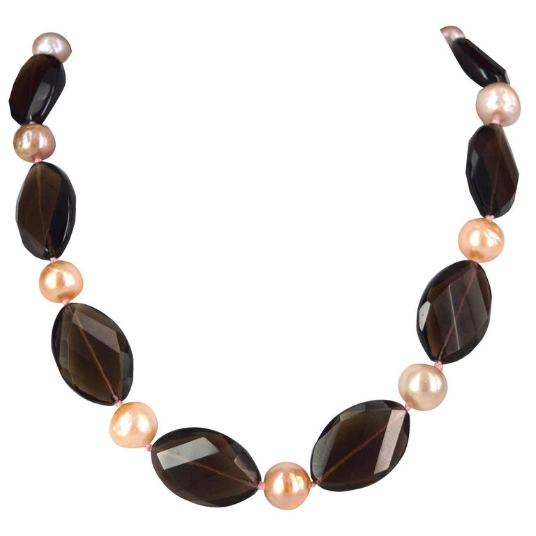 Pink Pearl Smokey Quartz Gold Bead Necklace For Sale at 1stdibs