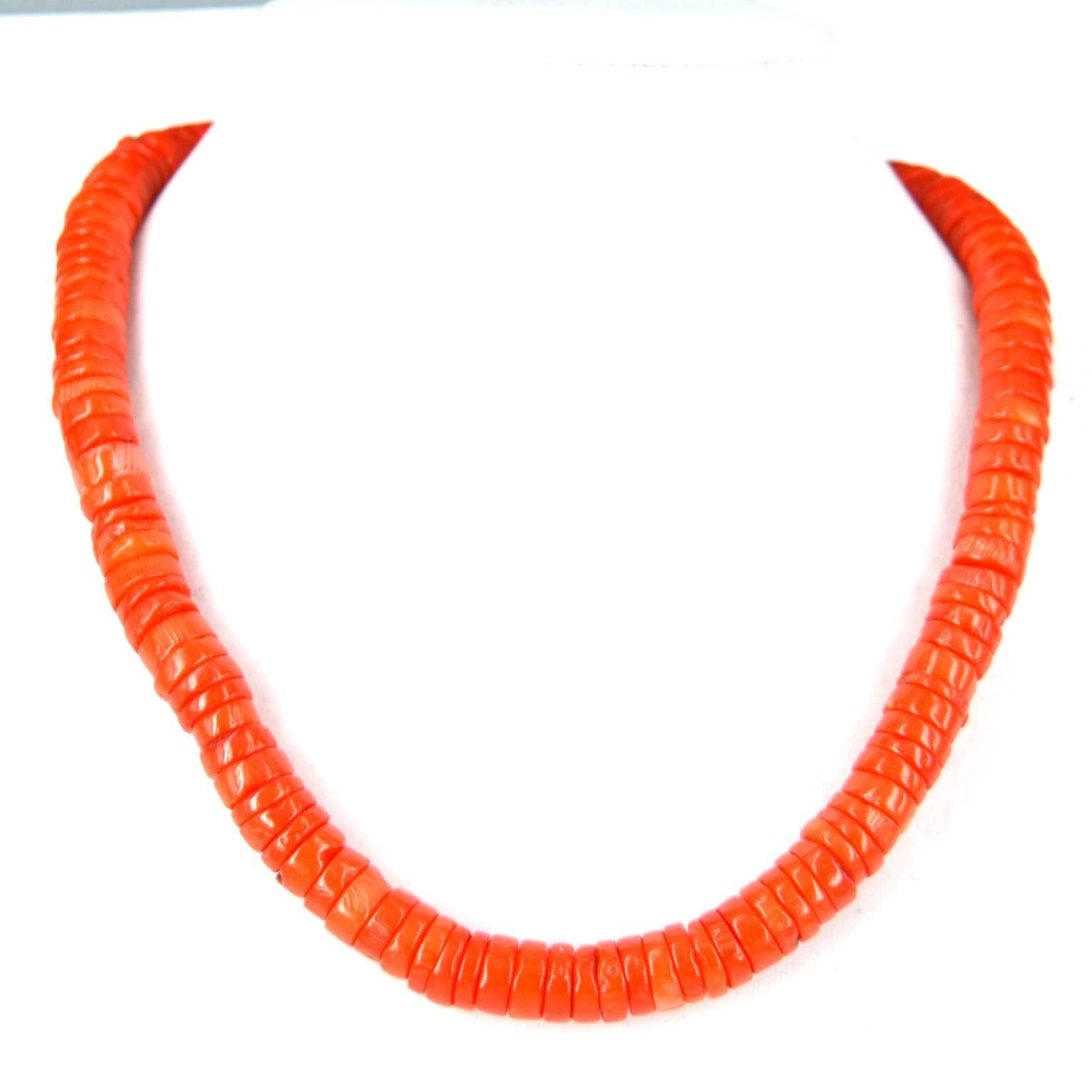 8mm Heishi Sea Bamboo Orange Coral with a 40mm Sterling Silver hook Clasp. Finished necklace measures 46cm.

Custom modification available on request

