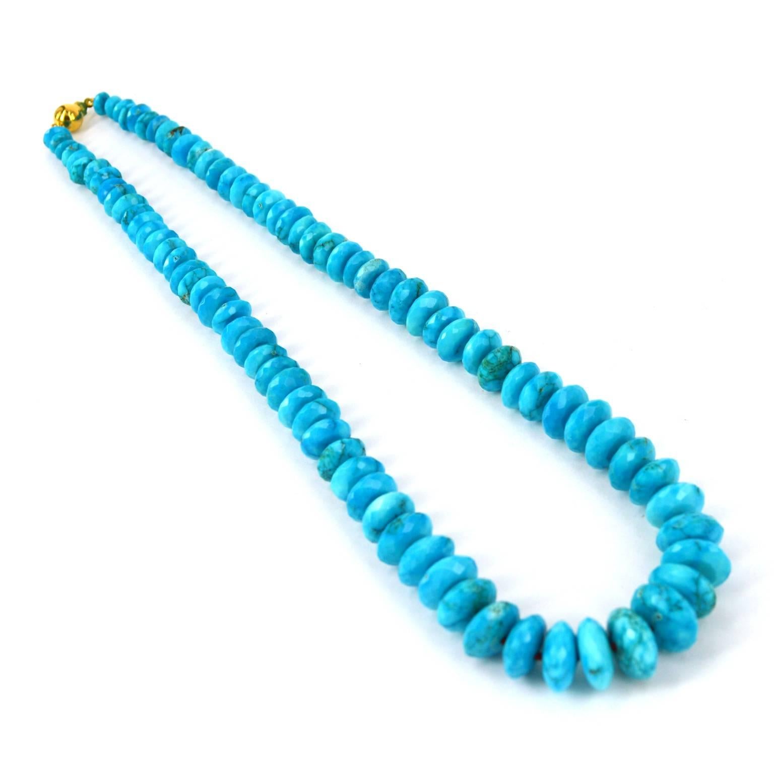 Graduated Turquoise roundel necklace. Faceted blue roundels with matrix ranging from 7- 14mm. Hand knotted on chocolate thread with an 8mm vermeil ball clasp.
50cm in length.

All stones are natural and as such may include natural inclusions and