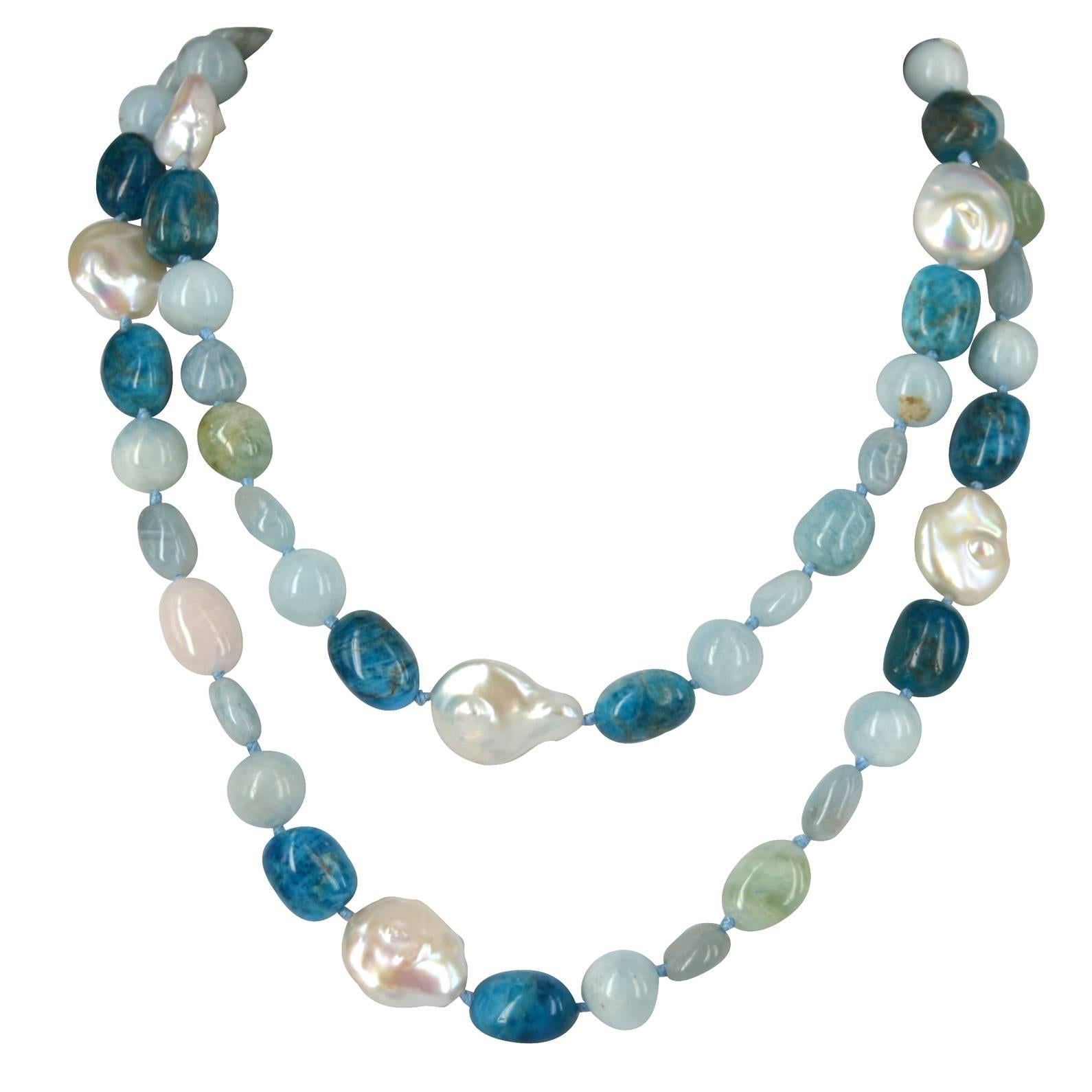 Decadent Jewels Aquamarine Beryl Apatite Pearl Long Silver Necklace