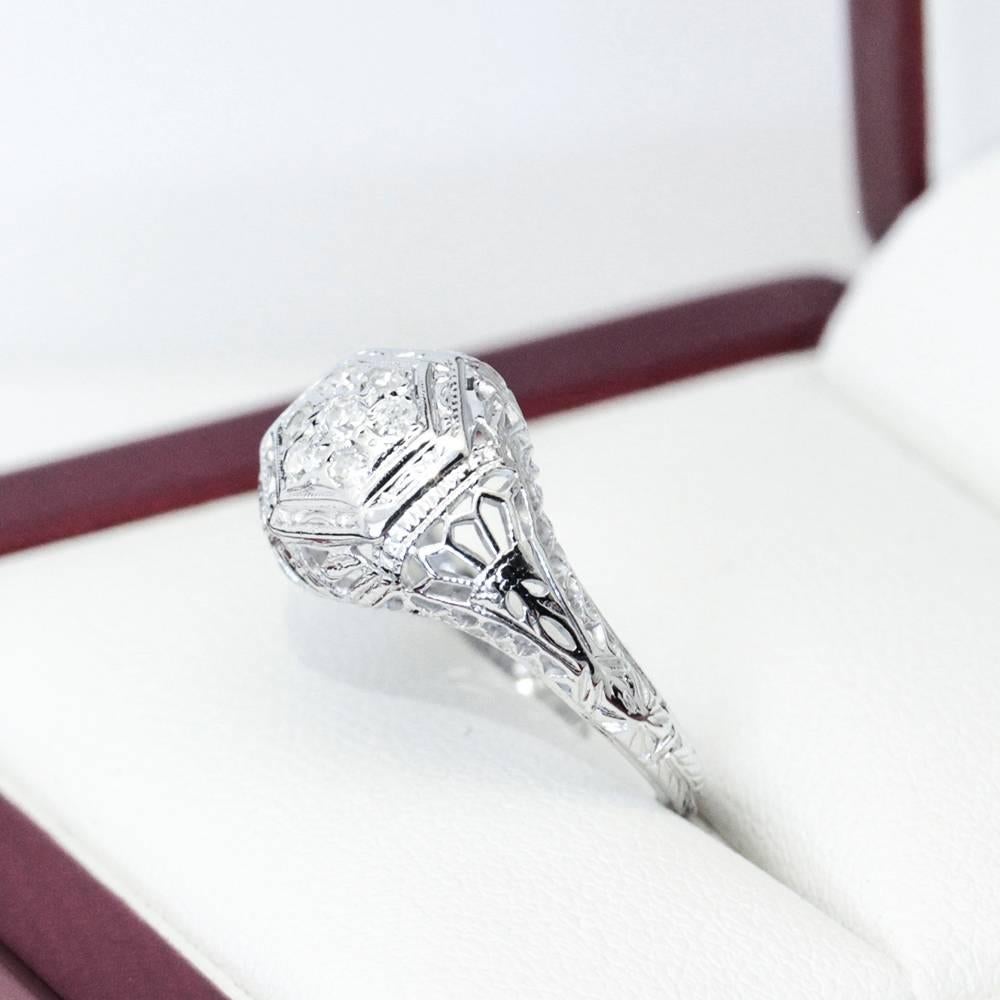 Art Deco Seven Diamond White Gold Cluster Engagement Ring For Sale 2