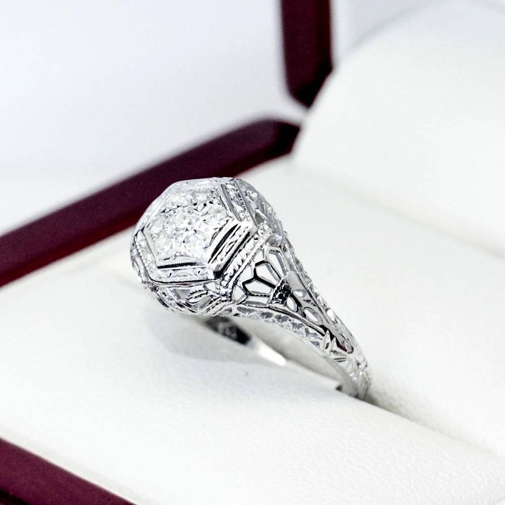 Art Deco Seven Diamond White Gold Cluster Engagement Ring In Excellent Condition For Sale In Sydney CBD, AU