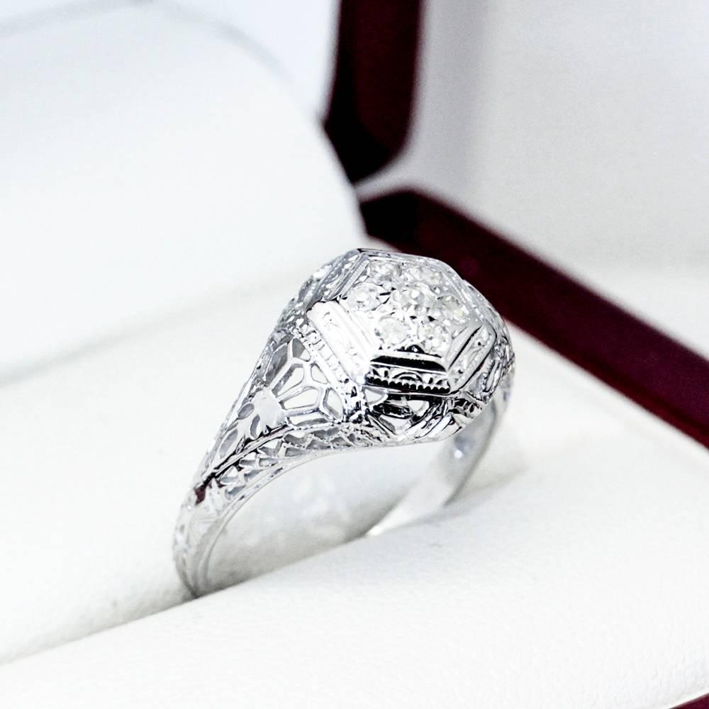 Art Deco Seven Diamond White Gold Cluster Engagement Ring For Sale 3