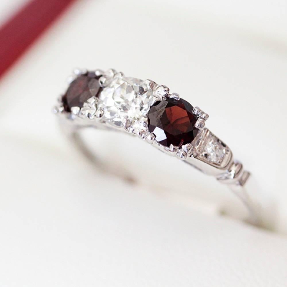Art Deco Garnet Old European Cut Diamond White Gold Engagement Ring For Sale