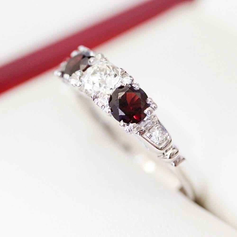 Garnet Old European Cut Diamond White Gold Engagement Ring In Excellent Condition For Sale In Sydney CBD, AU