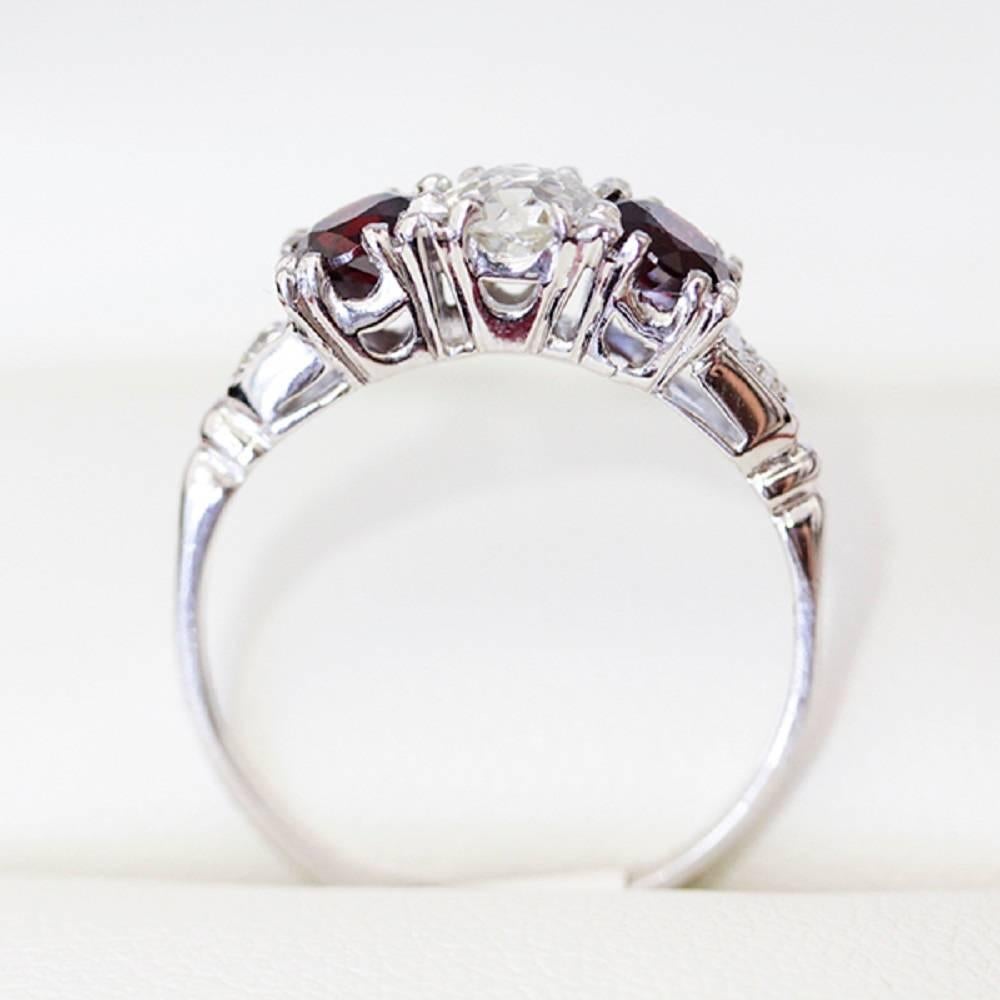 Women's Garnet Old European Cut Diamond White Gold Engagement Ring For Sale