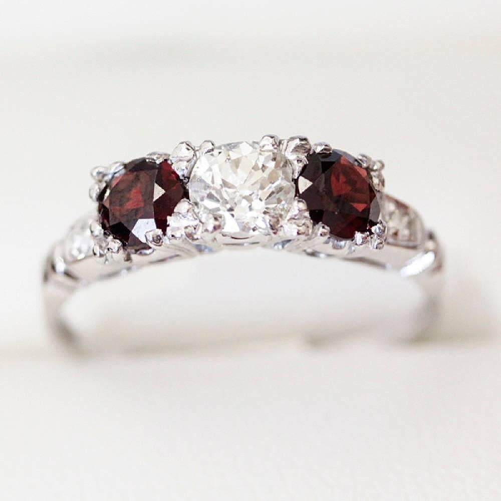 Garnet Old European Cut Diamond White Gold Engagement Ring For Sale 3