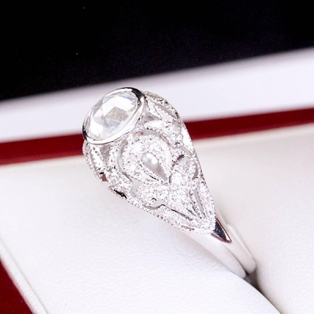 Georgian Rose Cut Diamond White Gold Filigree Ring For Sale 2