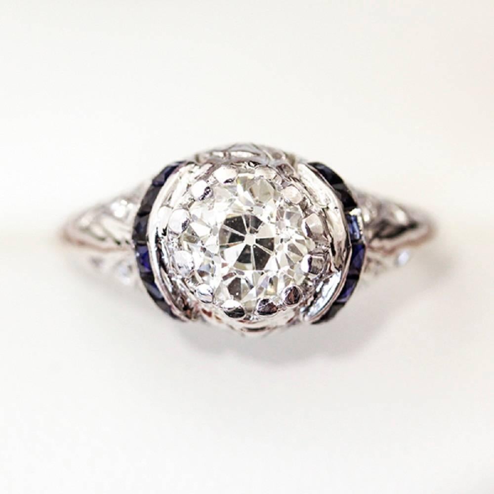 Art Deco Australian Sapphire Old European Cut Diamond white gold Ring For Sale 2