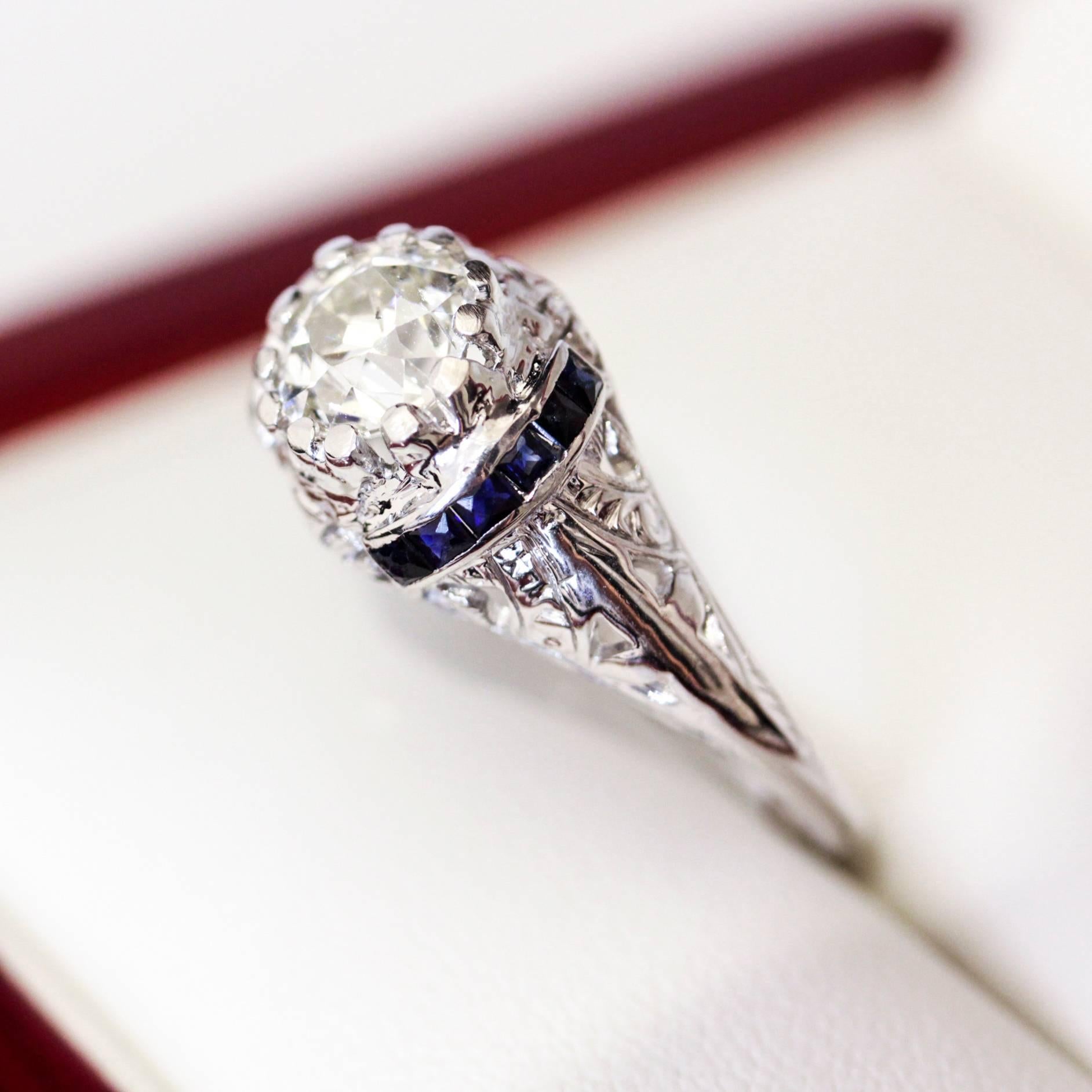 Art Deco Australian Sapphire Old European Cut Diamond white gold Ring For Sale 4