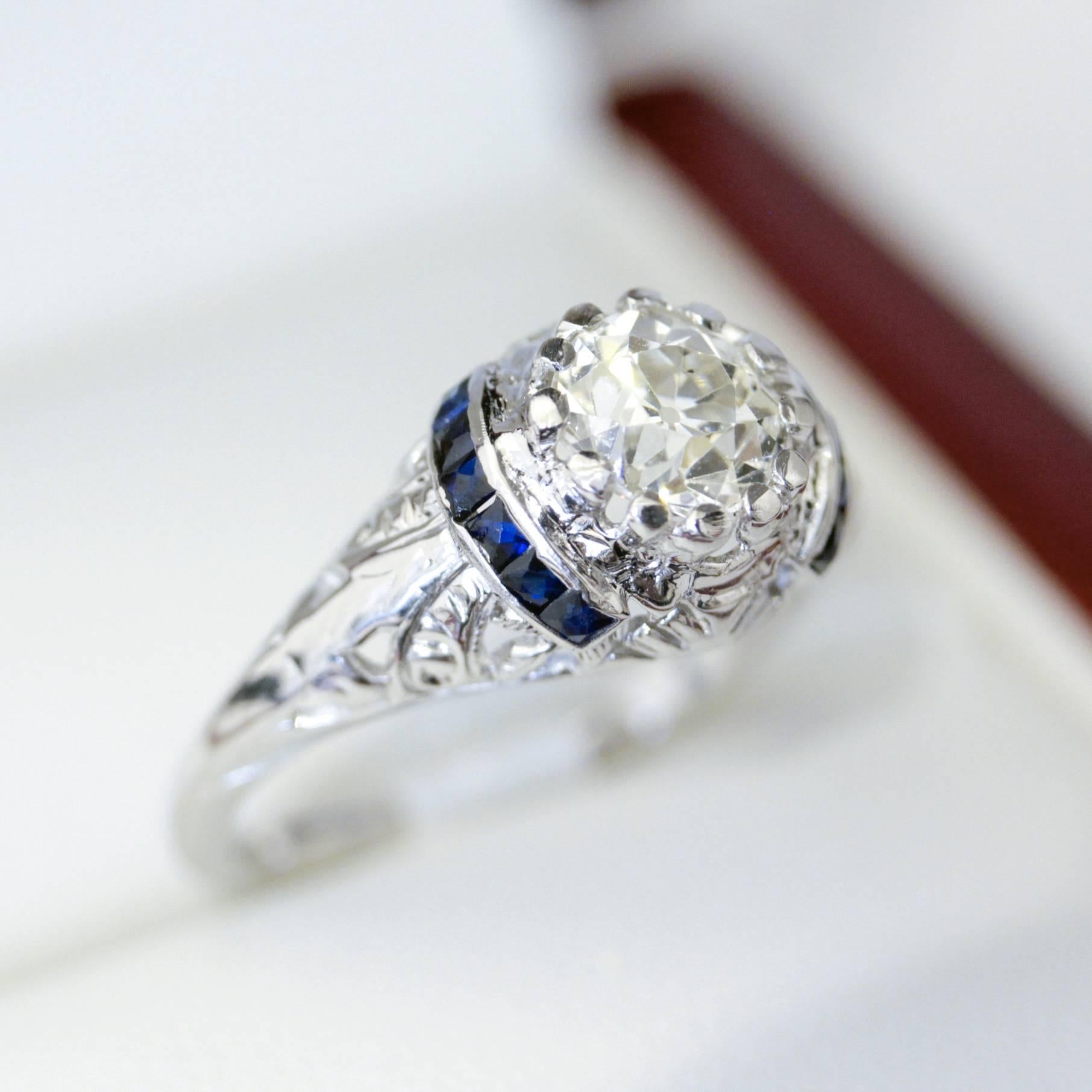 Art Deco Australian Sapphire Old European Cut Diamond white gold Ring For Sale 5