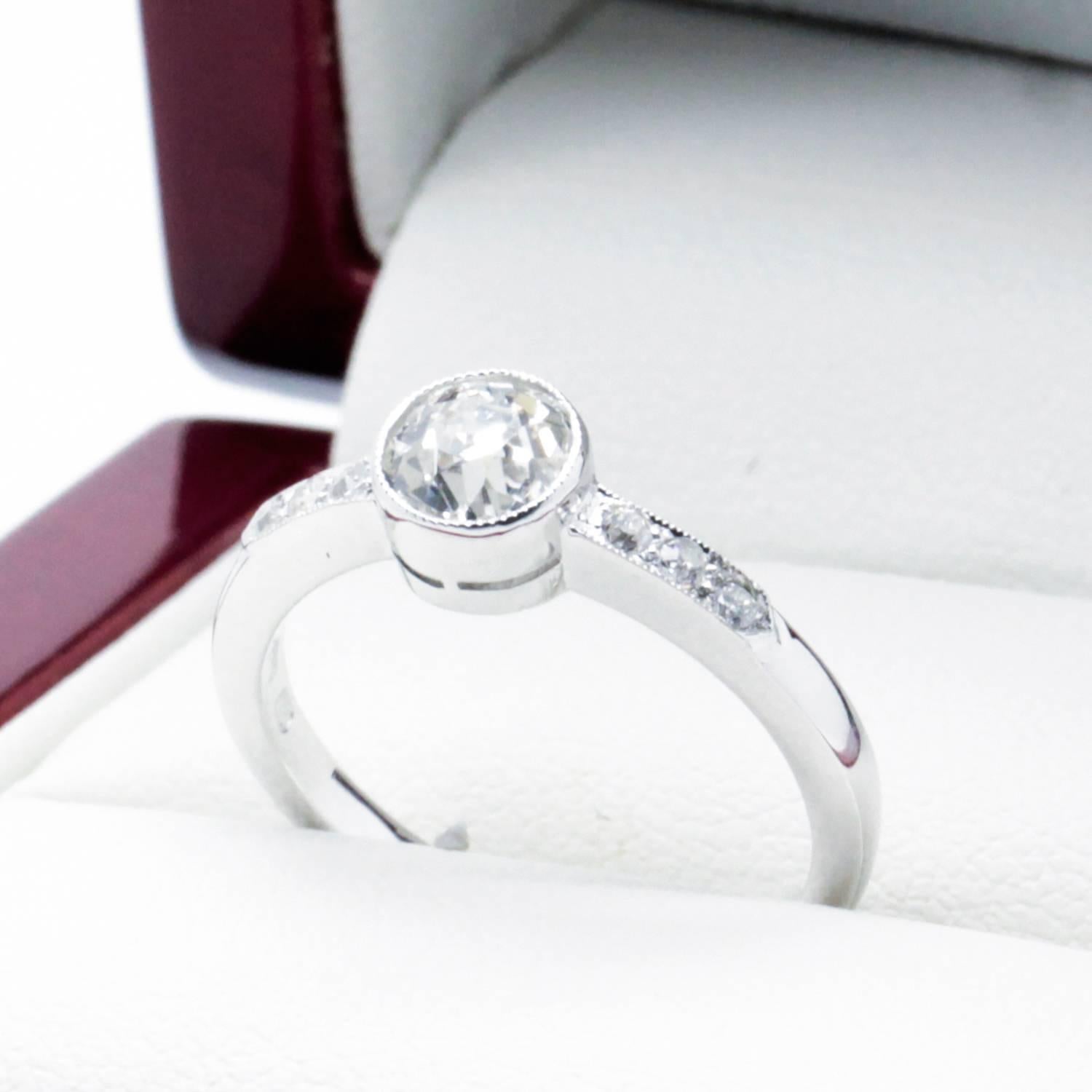 Women's .72 Carat Old Mine Cut Diamond White Gold Art Deco Engagement Ring For Sale