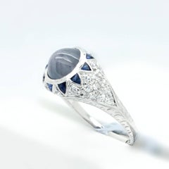 1930s Art Deco Star Sapphire Diamond Platinum Handmade Engagement Ring