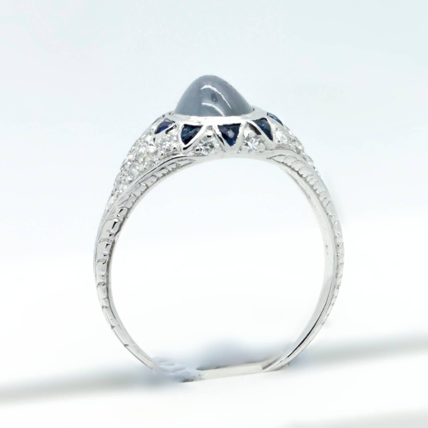 1930s Art Deco Star Sapphire Diamond Platinum Handmade Engagement Ring  In Excellent Condition For Sale In Sydney CBD, AU