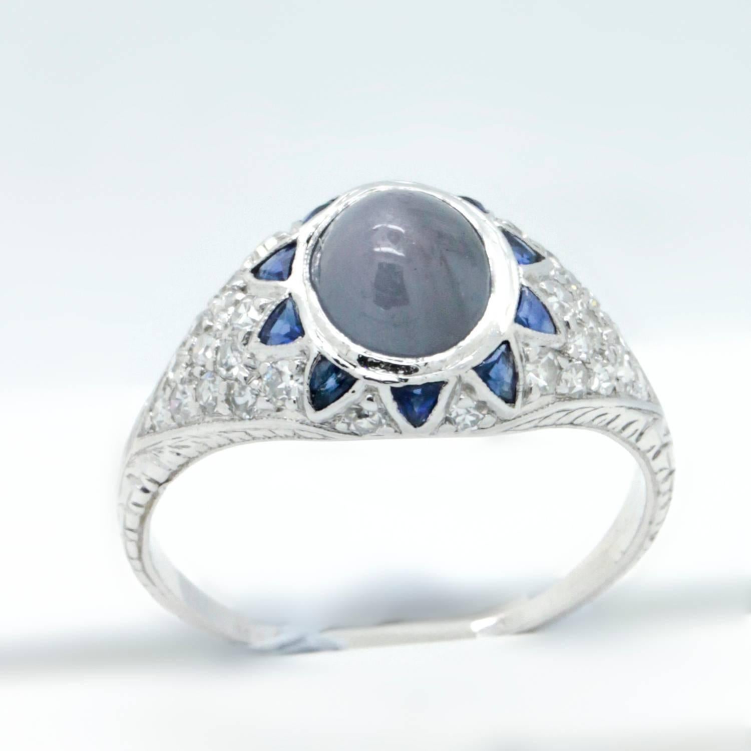 Women's 1930s Art Deco Star Sapphire Diamond Platinum Handmade Engagement Ring  For Sale