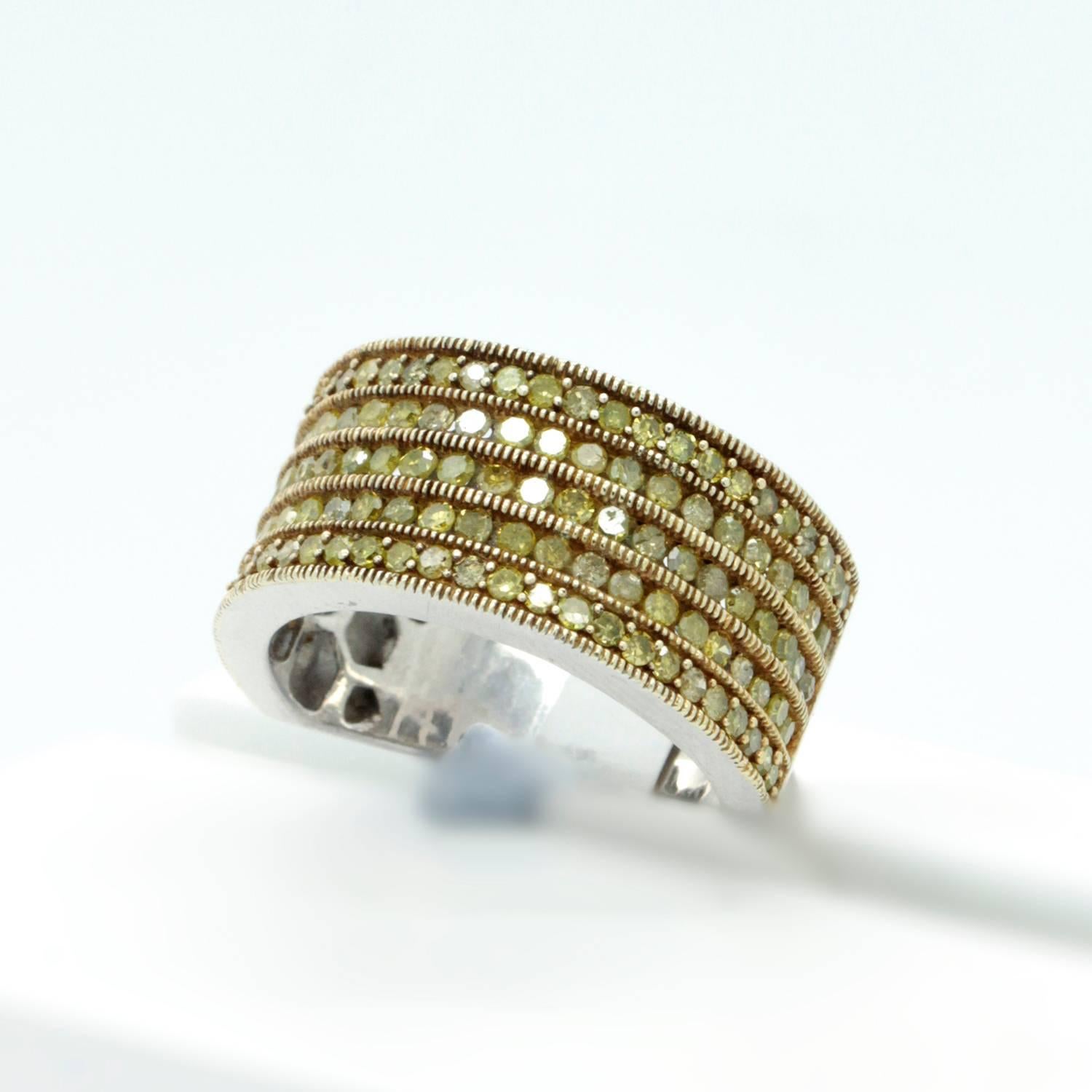 Contemporary Yellow Diamond Sterling Silver Cigar Band Wedding or Cocktail Ring