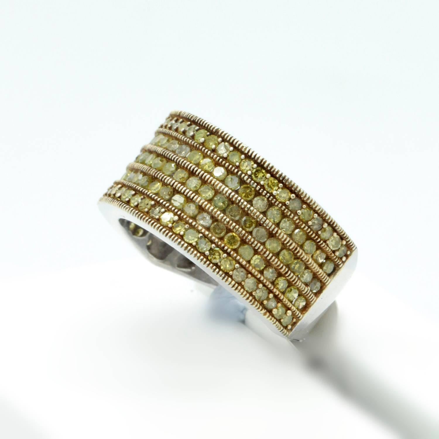 Yellow Diamond Sterling Silver Cigar Band Wedding or Cocktail Ring In Fair Condition In Sydney CBD, AU