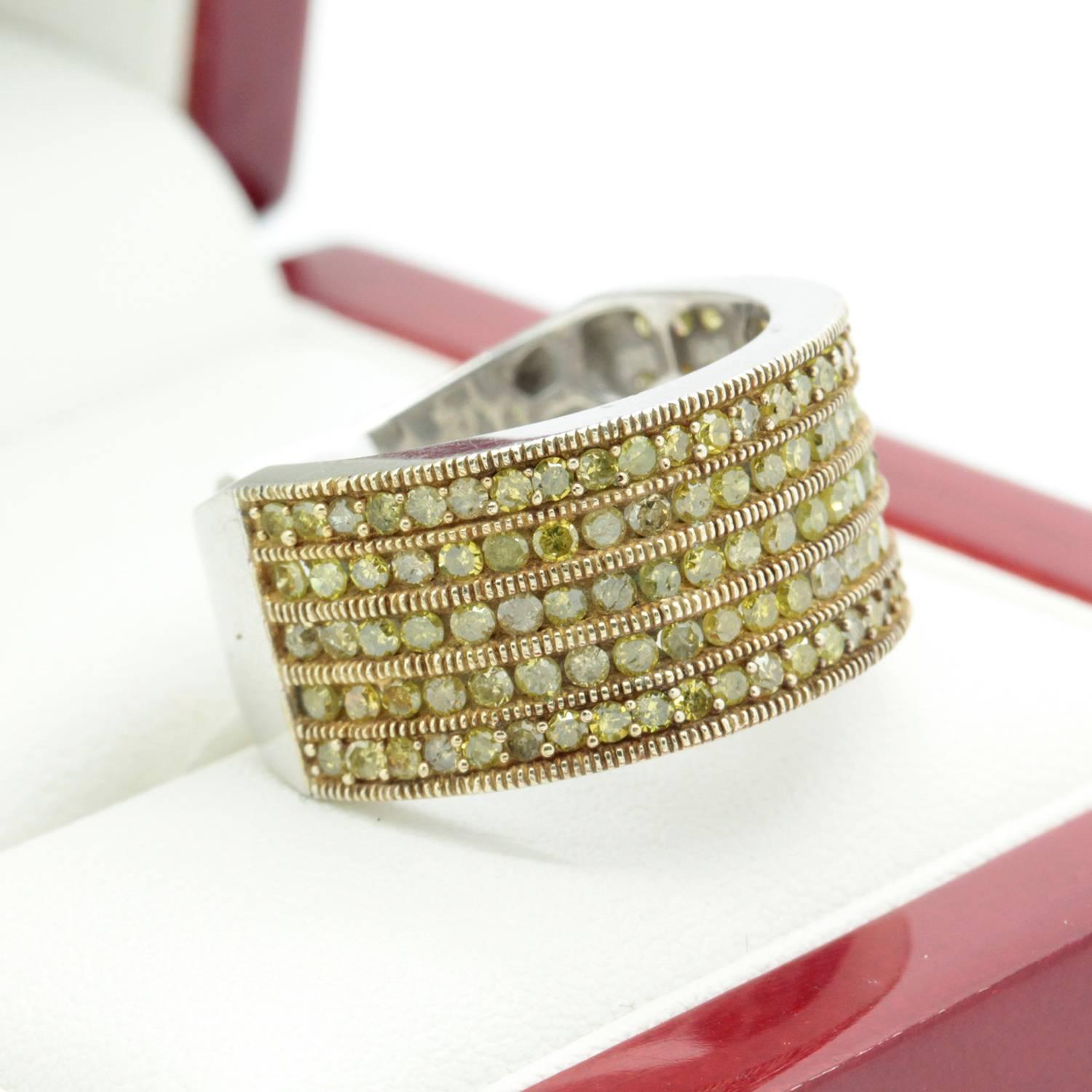 Women's Yellow Diamond Sterling Silver Cigar Band Wedding or Cocktail Ring