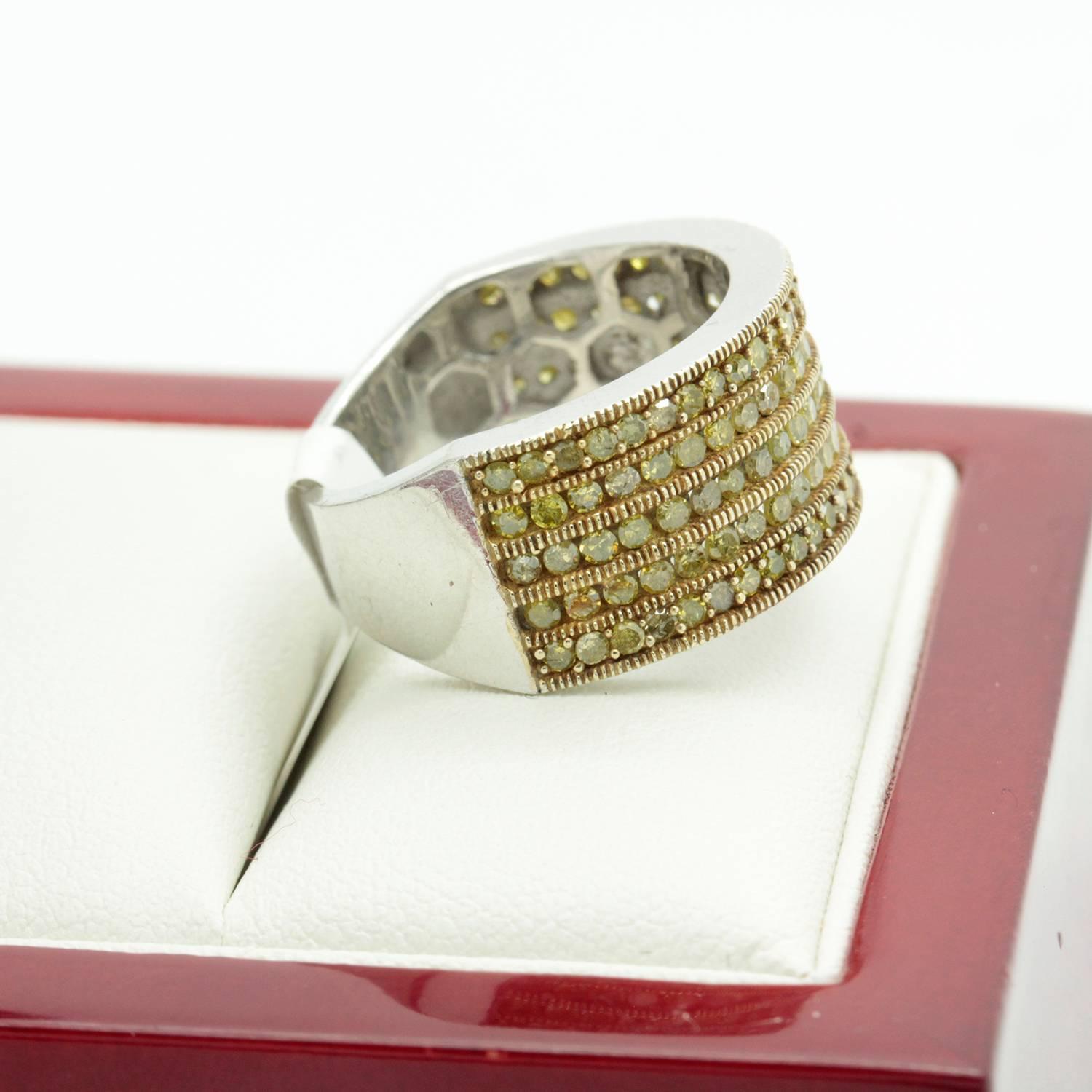 Yellow Diamond Sterling Silver Cigar Band Wedding or Cocktail Ring 1
