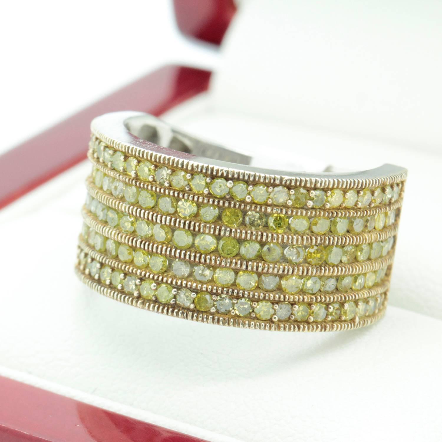 Yellow Diamond Sterling Silver Cigar Band Wedding or Cocktail Ring 3