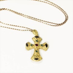 Ruby Emerald and Sapphire Gold Cross Pendant
