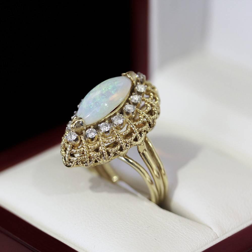 Vintage Marquise Shape Opal Diamond yellow gold Cocktail Cluster Ring  In Good Condition For Sale In Sydney CBD, AU