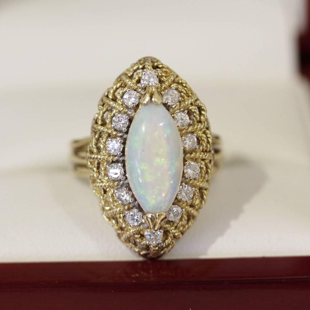 Women's Vintage Marquise Shape Opal Diamond yellow gold Cocktail Cluster Ring  For Sale
