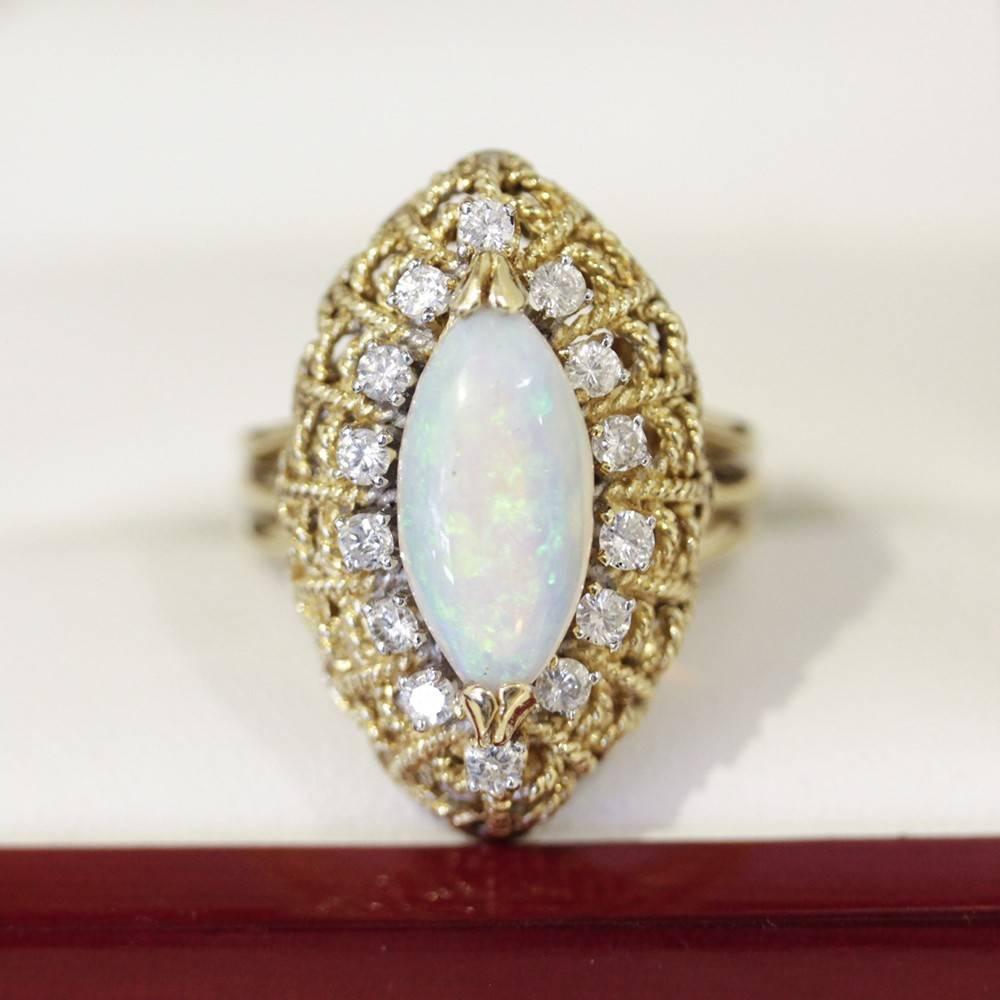 Vintage Marquise Shape Opal Diamond yellow gold Cocktail Cluster Ring  For Sale 1
