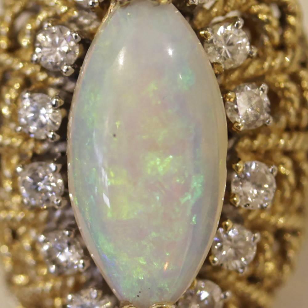 Vintage Marquise Shape Opal Diamond yellow gold Cocktail Cluster Ring  For Sale 2