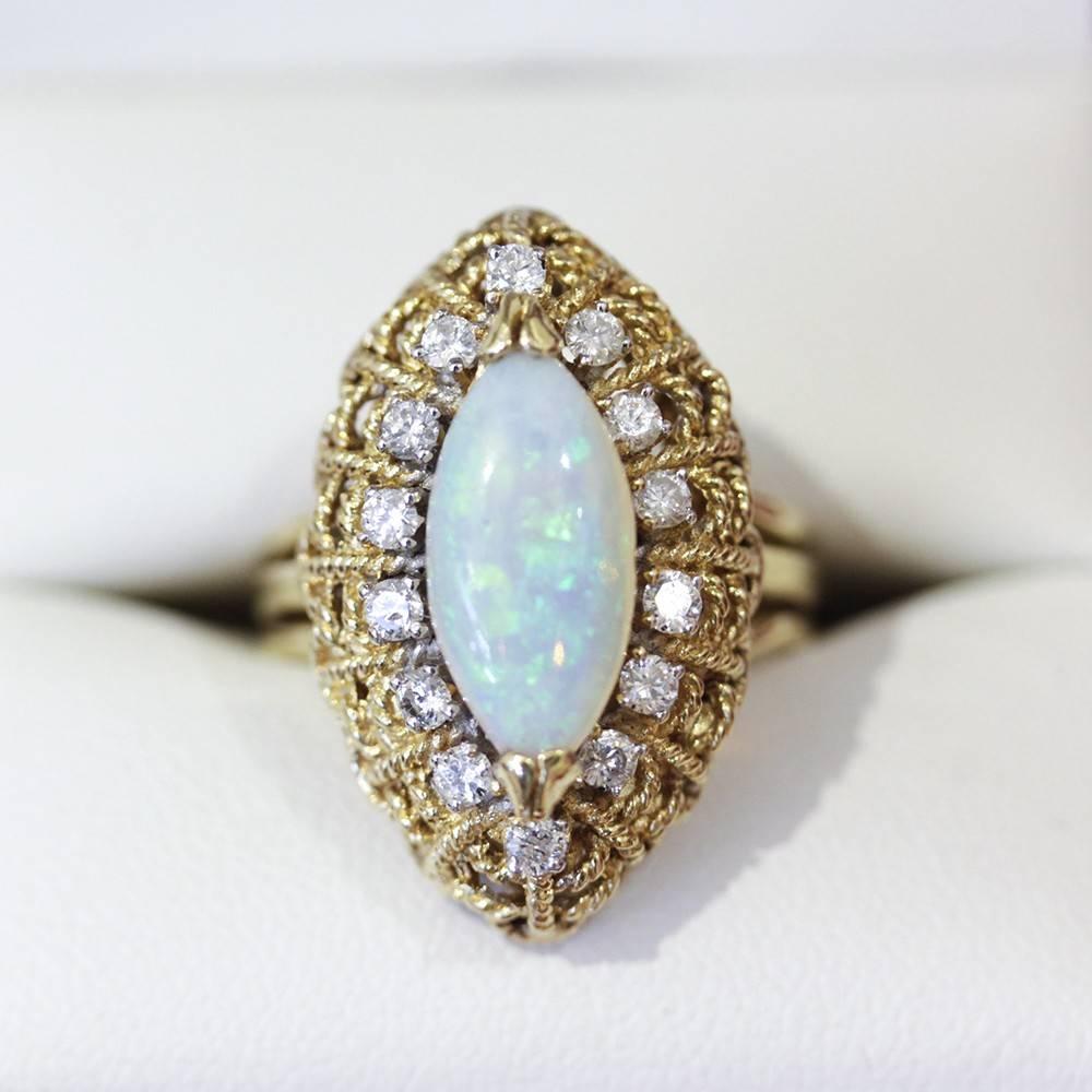 Vintage Marquise Shape Opal Diamond yellow gold Cocktail Cluster Ring  For Sale 3