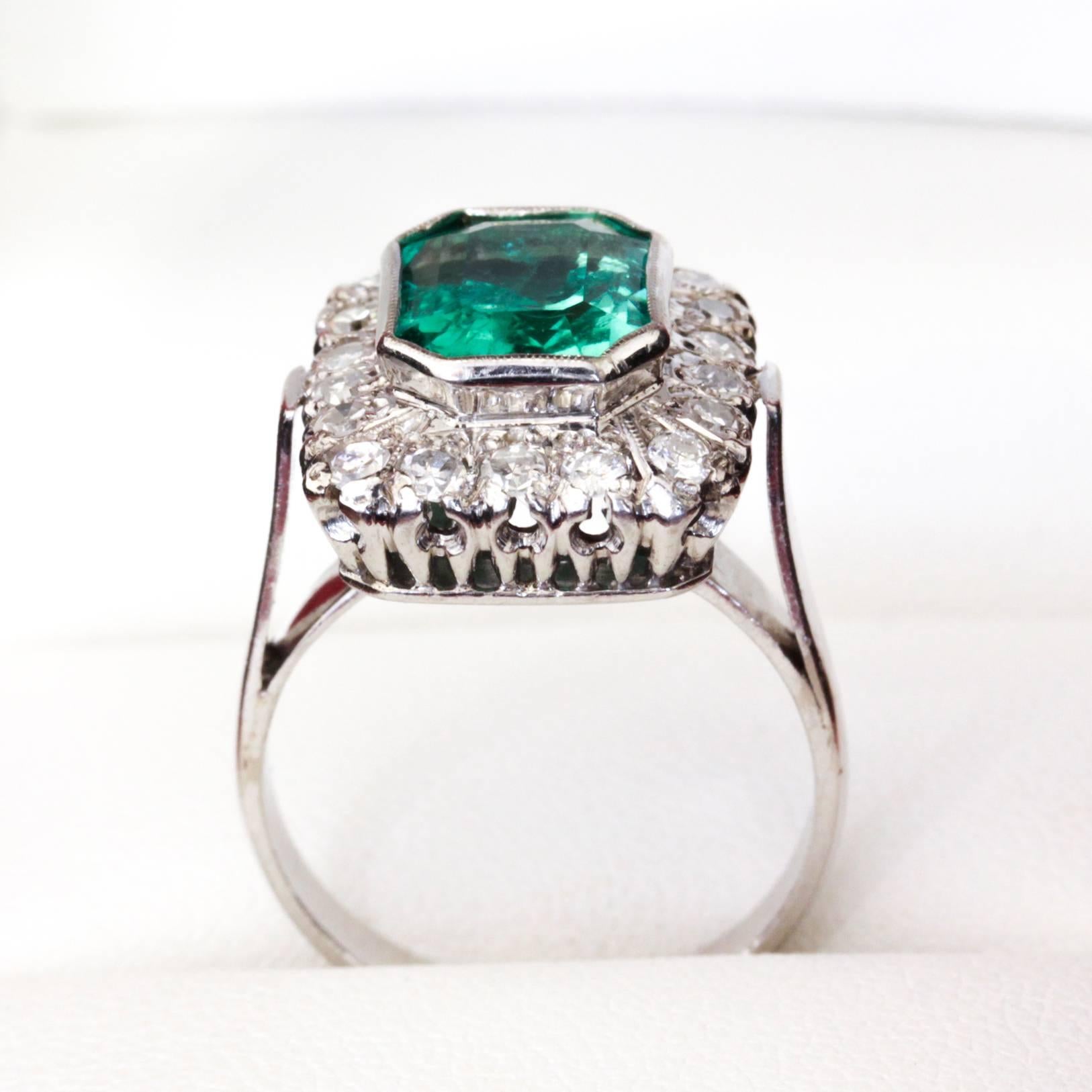 Art Deco Square Emerald Diamond White Gold Cocktail Ring For Sale