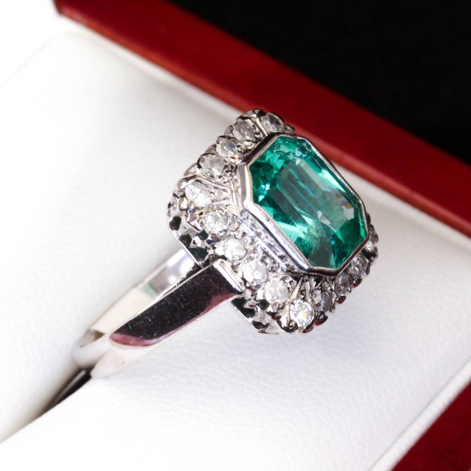 Women's Square Emerald Diamond White Gold Cocktail Ring For Sale