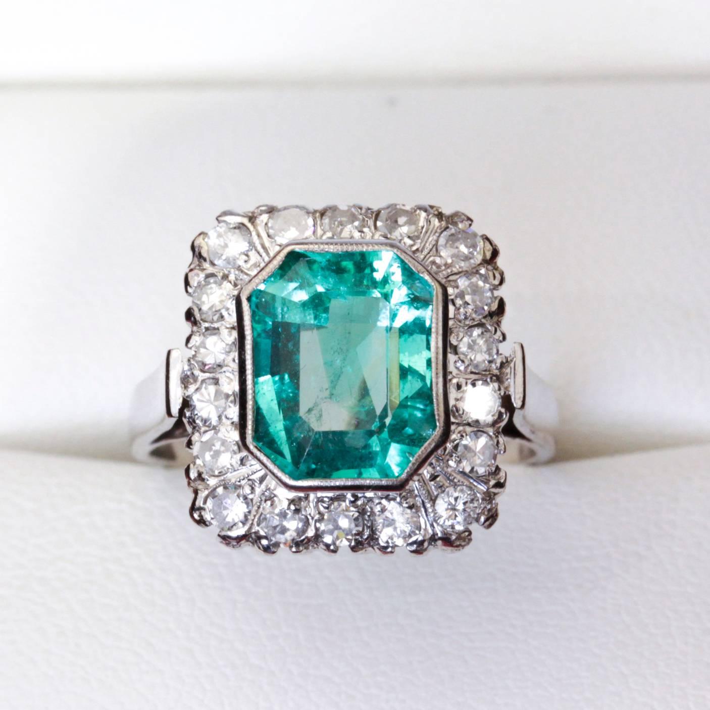 Square Emerald Diamond White Gold Cocktail Ring For Sale 1