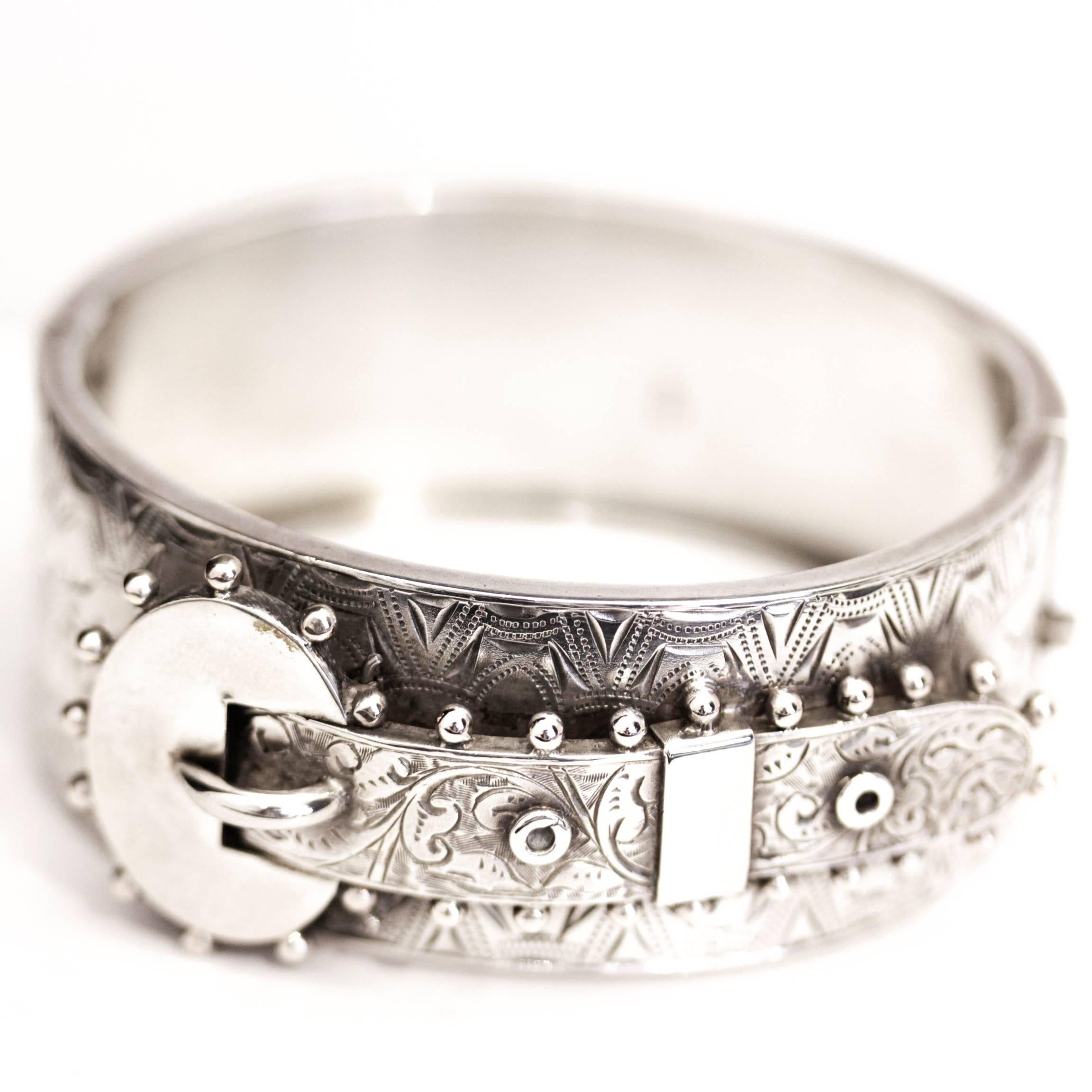 Art Deco Victorian Sterling Silver Hinged Buckle Bangle Bracelet For Sale