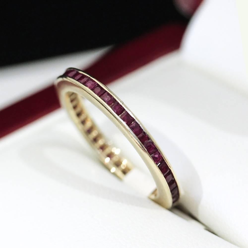 Art Deco Vintage Yellow Gold Eternity Ring, Featuring Princess Cut Rubies