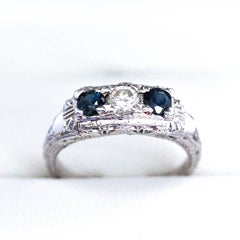 Vintage Sapphire and Diamond Engagement Ring, Wedding Ring with Filigree Band