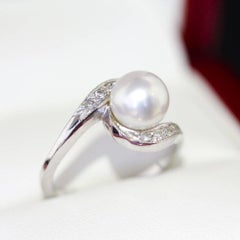 Large Round Cultured Pearl, White VS Diamonds, Asymmetric White Gold Ring