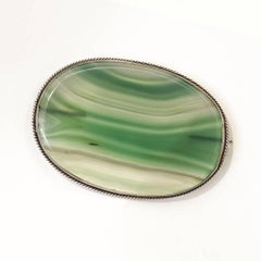 Victorian Antique Oval Green Agate and Sterling Brooch