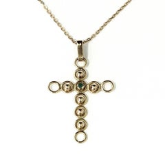 Vintage Handmade Emerald in 18 Carat Cross Pendant Necklace