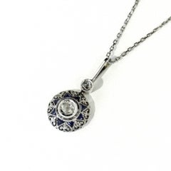 Antique Art Deco 18k White Gold Diamond and Sapphire Filigree Pendant Necklace