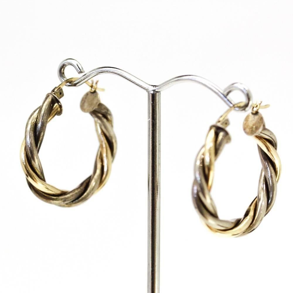 Contemporary Vintage Two Tone 10k Gold Twist Hoop Earrings  For Sale