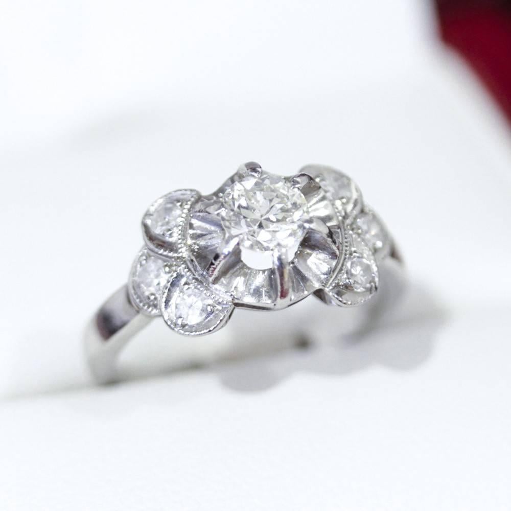 Women's Art Deco Diamond Engagement Ring, Handmade Antique 1940s Ring For Sale